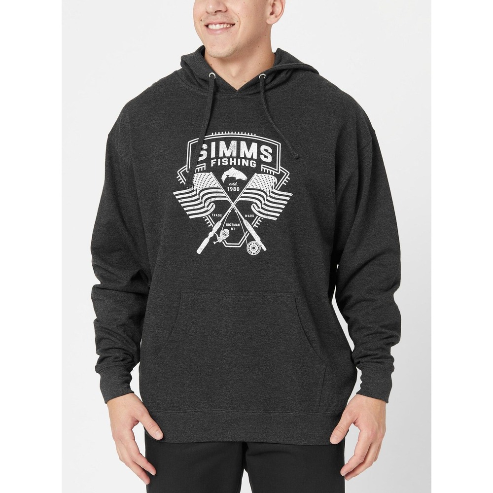 Simms Fishing Rods and Stripes Hoodie Charcoal Heather Gray Size Medium